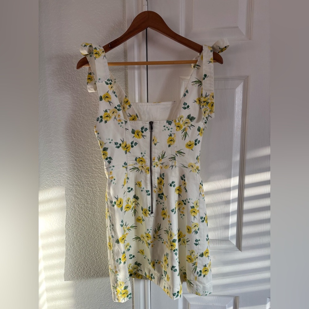 Alice + Olivia Maryann Tie Shoulder Mini Dress Yellow Floral White Denim size 4 - Picture 4 of 9